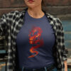 woman in purple shirt with red dragon art