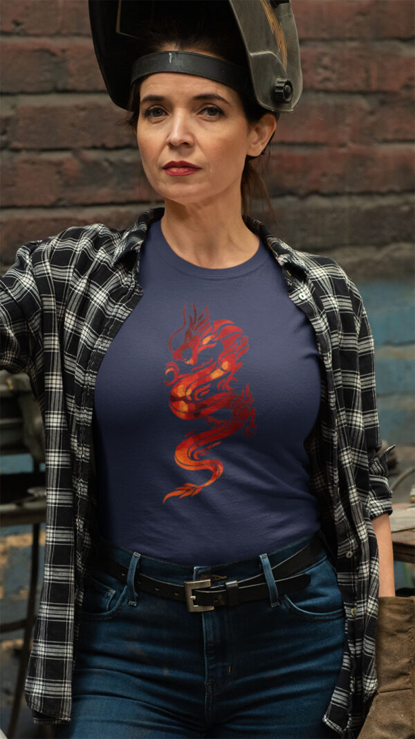 woman in purple shirt with red dragon art