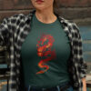 woman in green shirt with red dragon art