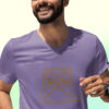 man in purple shirt with brown owl art