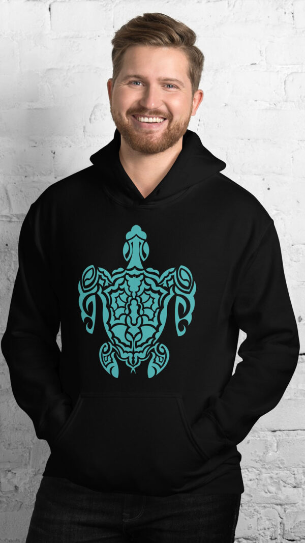 man in black hoodie with green turtle art