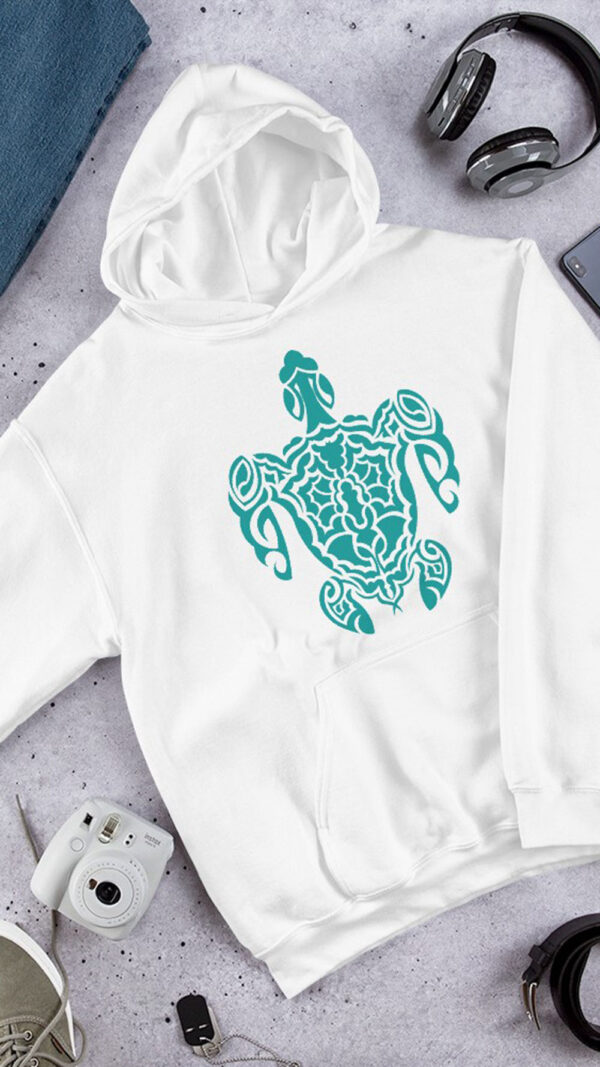 white hoodie with green turtle art