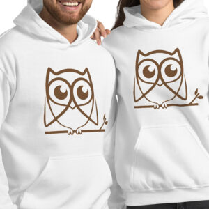 woman and man in hoodies with brown owl art