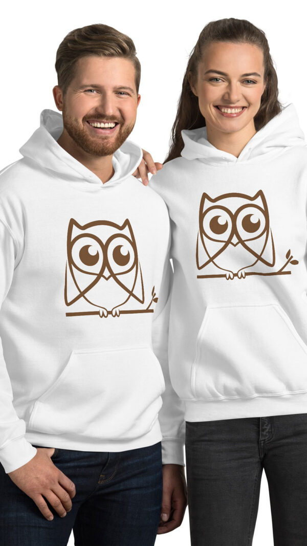 woman and man in hoodies with brown owl art