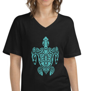 woman in black shirt with green turtle art