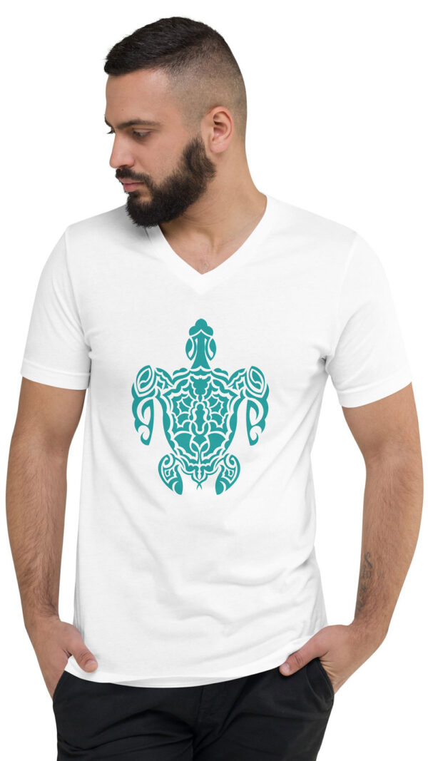 man in white shirt with green turtle art