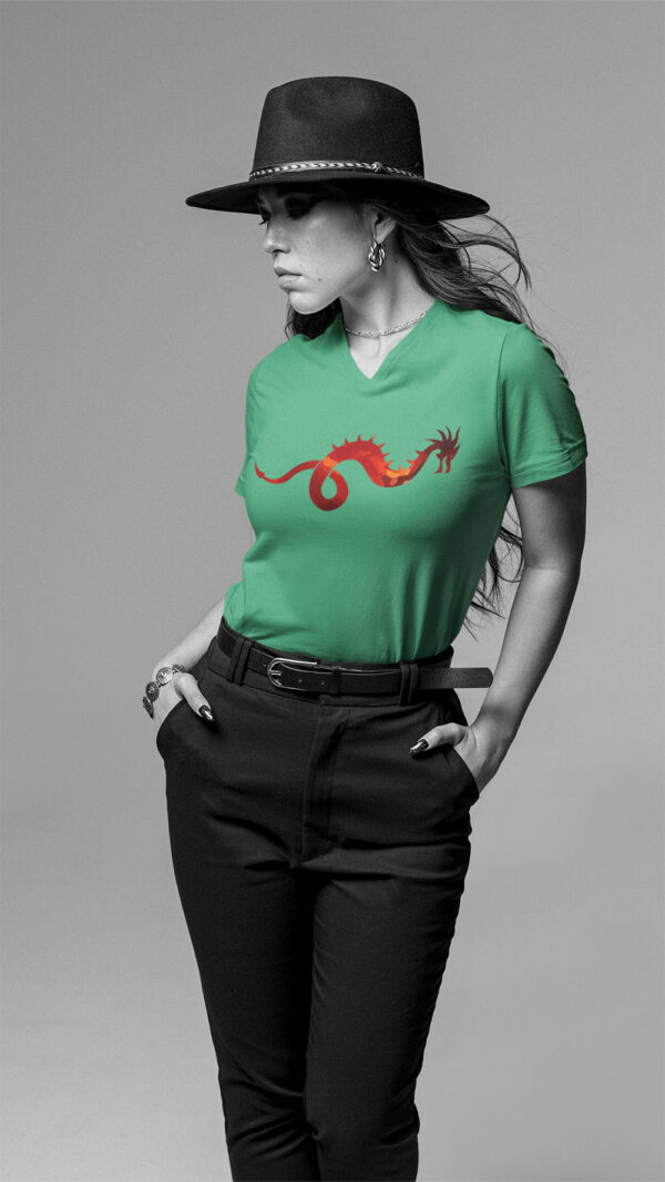 woman in green shirt with dragon art