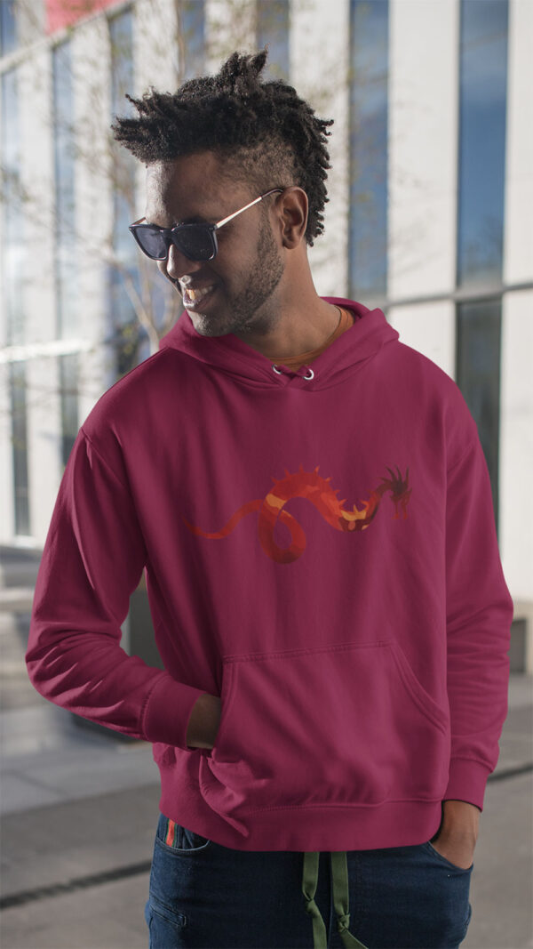 red dragon art on red hoodie on person