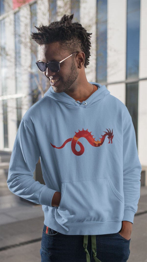 red dragon art on blue hoodie on person