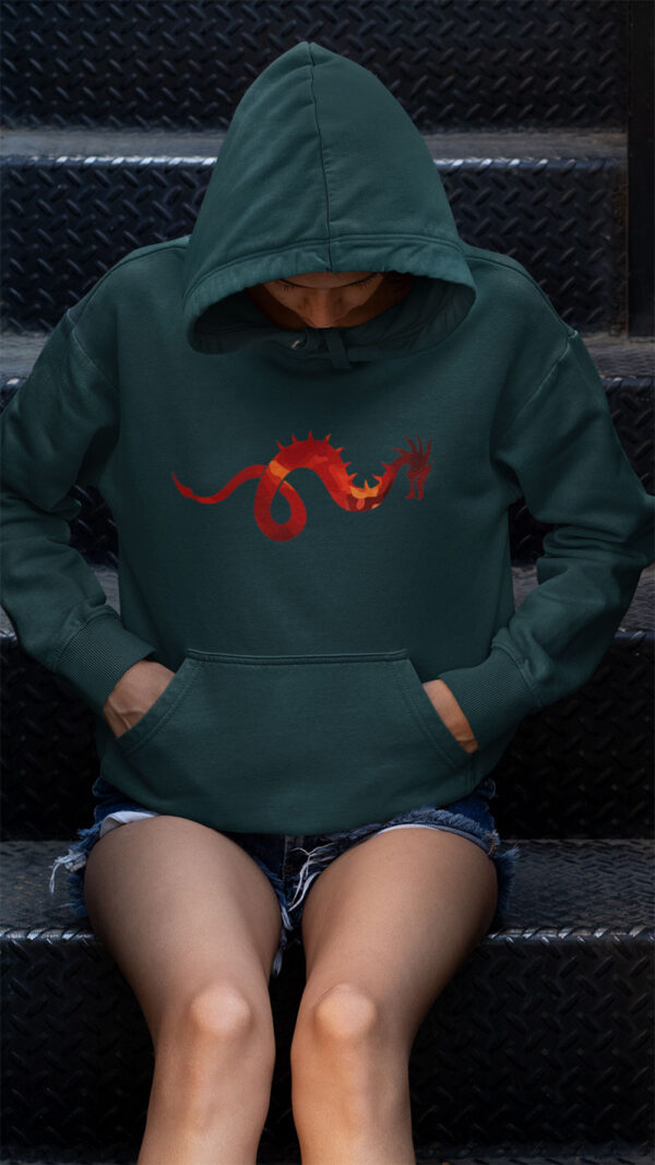 red dragon art on green hoodie on person