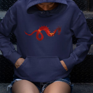 red dragon art on blue hoodie on person