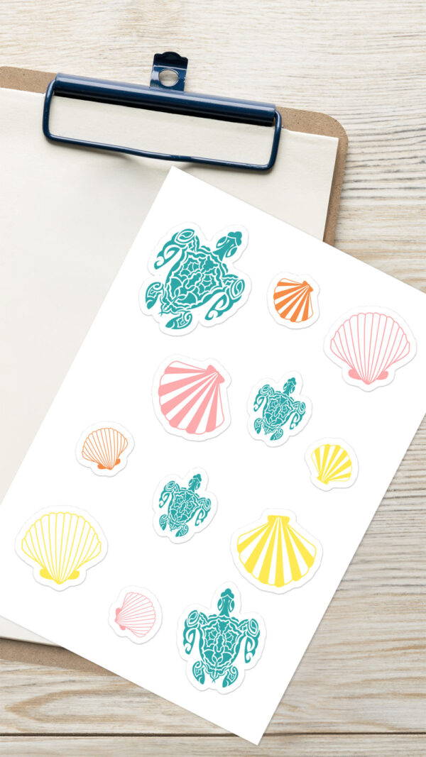 Ocean life stickers on paper on clipboard