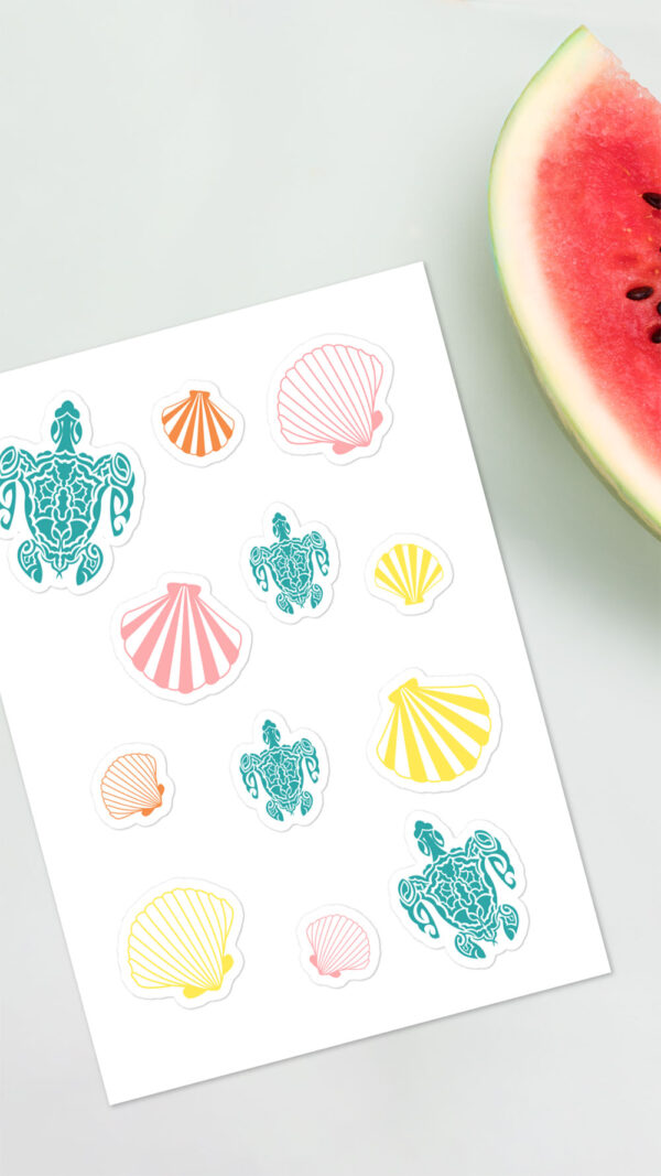 Ocean life stickers on paper next to watermelon